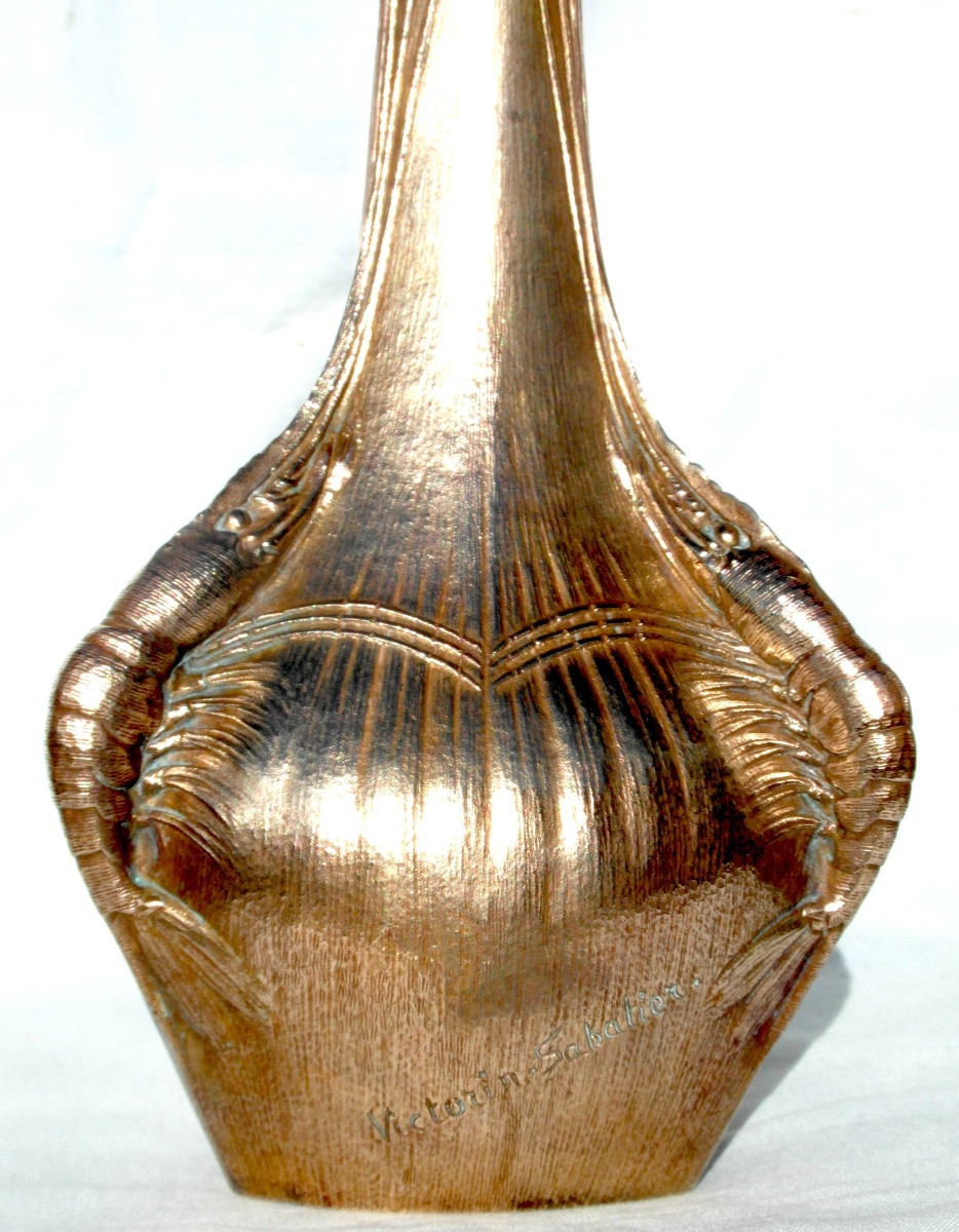 Vase soliflore 1900 aux crevettes en bronze doré par Victorin Sabatier, era marionnet susse-photo-5