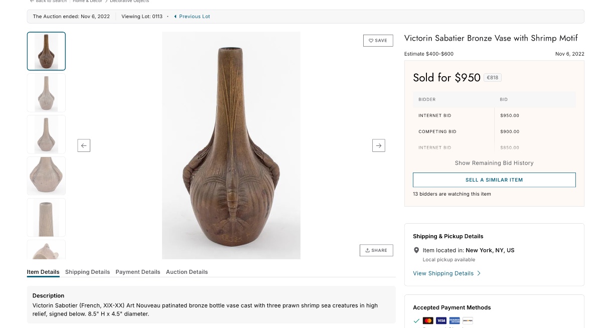 Vase soliflore 1900 aux crevettes en bronze doré par Victorin Sabatier, era marionnet susse-photo-8