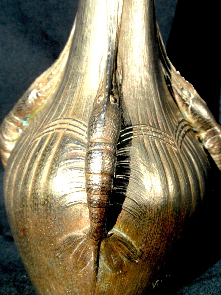 Vase soliflore 1900 aux crevettes en bronze doré par Victorin Sabatier, era marionnet susse