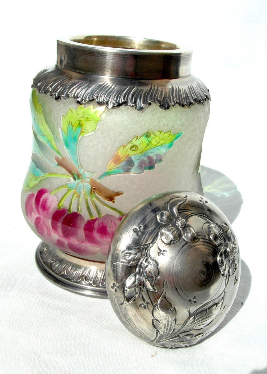 Cherry Box Engraved By Legras With Solid Minerva Silver Mounting, Circa 1900, Daum Era-photo-2