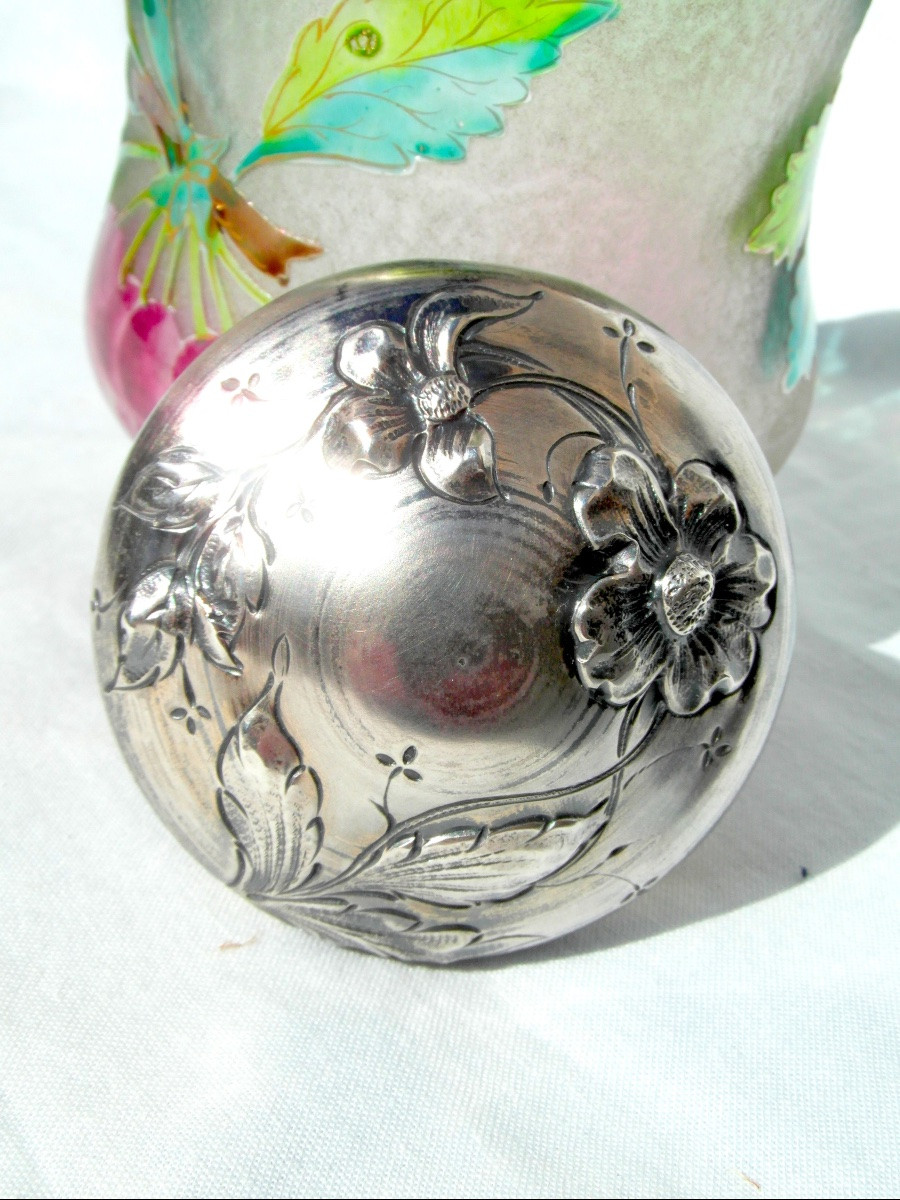 Cherry Box Engraved By Legras With Solid Minerva Silver Mounting, Circa 1900, Daum Era-photo-1