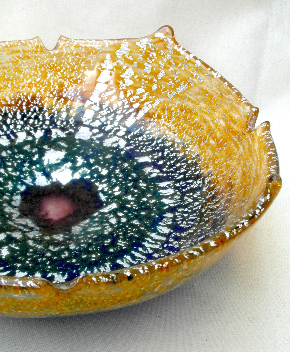 Scalloped Art-deco Bowl With Silver Pearl Decoration By Muller, Daum Galle Era 1920-photo-1
