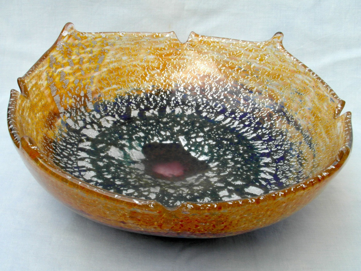 Scalloped Art-deco Bowl With Silver Pearl Decoration By Muller, Daum Galle Era 1920-photo-4