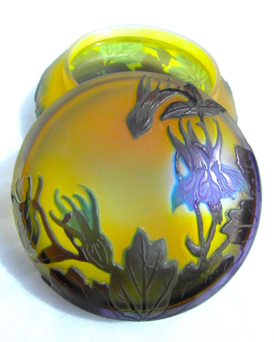 Art-nouveau Candy Box With Blue Columbines By Galle, Perfect, Daum Era 1900