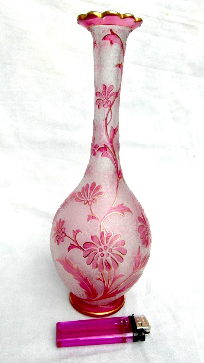 1900 Vase With Floral Design, Acid-etched By The Saint-louis Glassworks, Perfect, Daum Gallé Era-photo-2