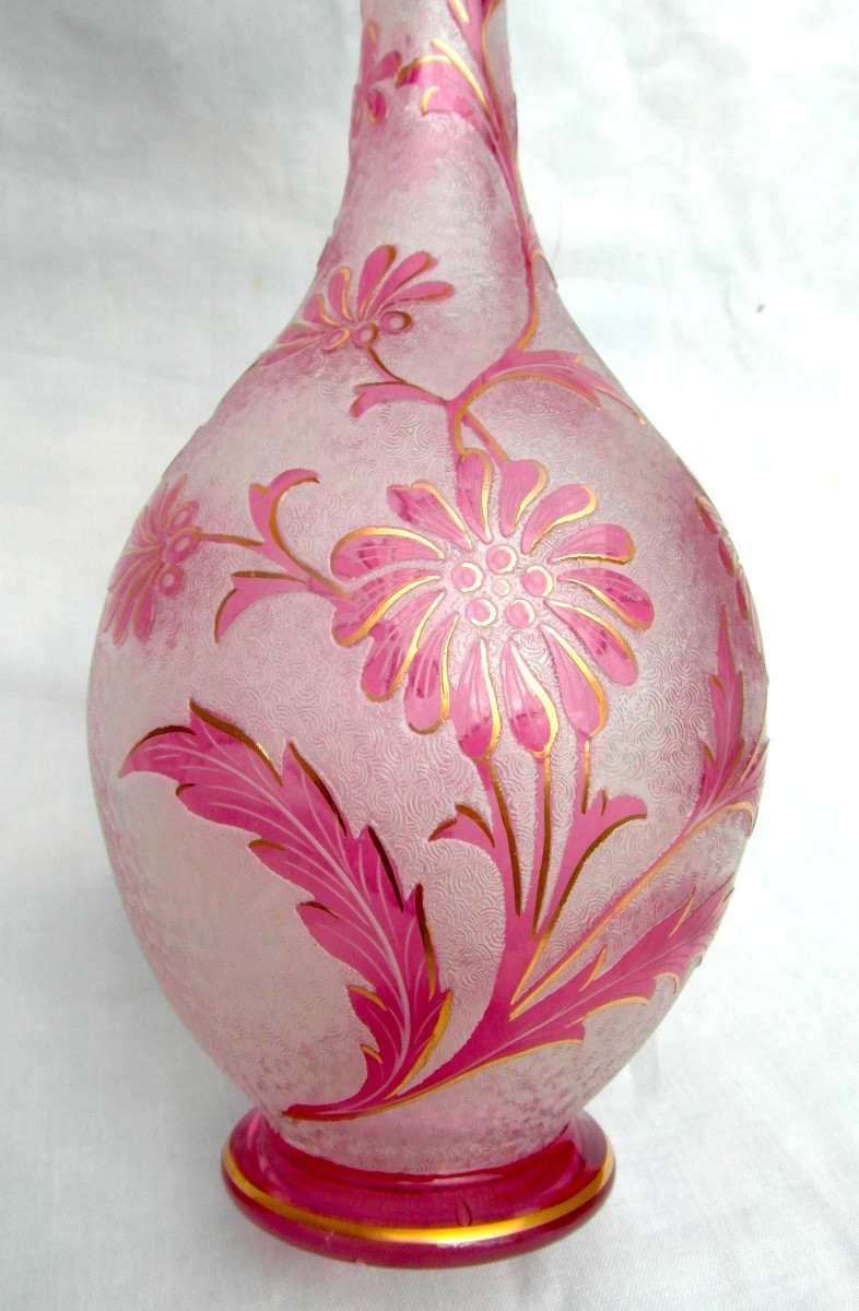 1900 Vase With Floral Design, Acid-etched By The Saint-louis Glassworks, Perfect, Daum Gallé Era-photo-3
