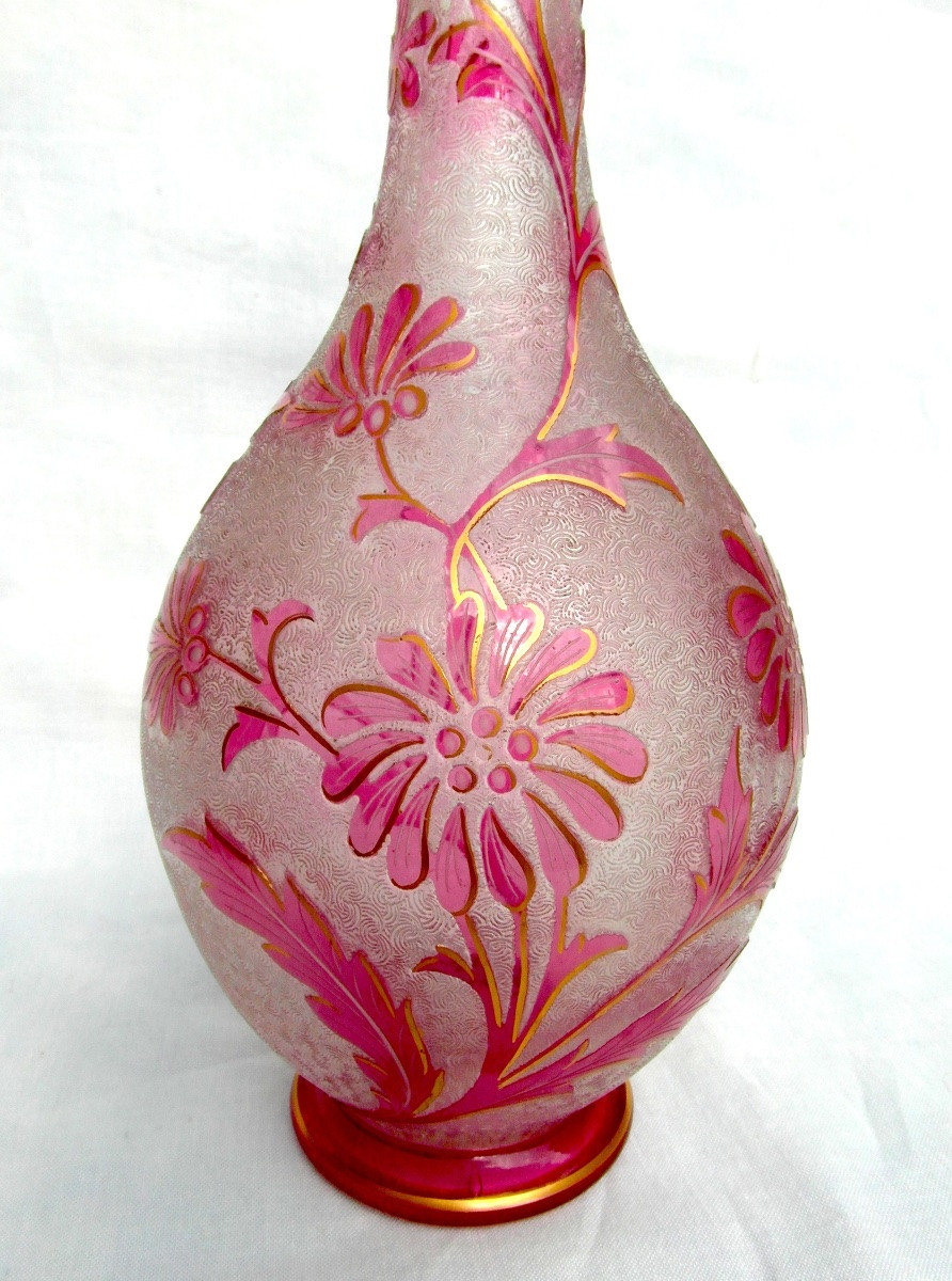 1900 Vase With Floral Design, Acid-etched By The Saint-louis Glassworks, Perfect, Daum Gallé Era-photo-2