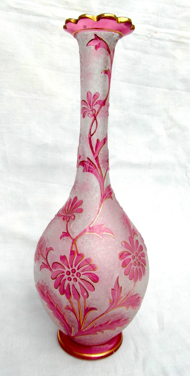 1900 Vase With Floral Design, Acid-etched By The Saint-louis Glassworks, Perfect, Daum Gallé Era-photo-3