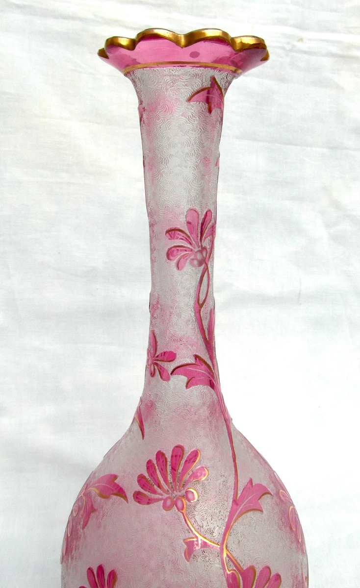 1900 Vase With Floral Design, Acid-etched By The Saint-louis Glassworks, Perfect, Daum Gallé Era-photo-4