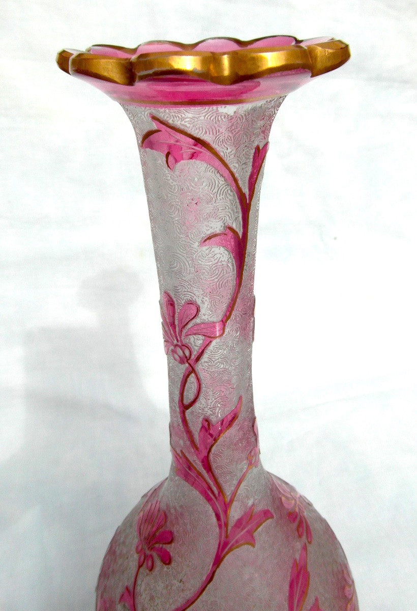 1900 Vase With Floral Design, Acid-etched By The Saint-louis Glassworks, Perfect, Daum Gallé Era-photo-6