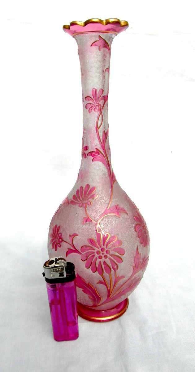 1900 Vase With Floral Design, Acid-etched By The Saint-louis Glassworks, Perfect, Daum Gallé Era-photo-7