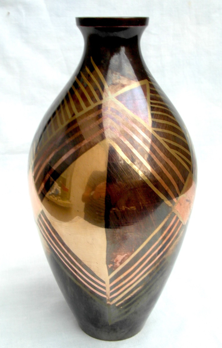Art-deco Brassware Vase With Geometric Decoration, Circa 1930, Dunand Christofle Era,-photo-2
