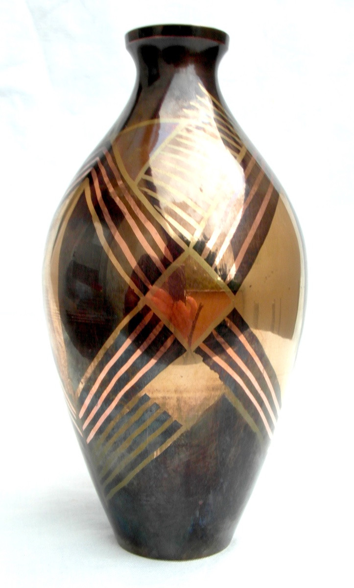 Art-deco Brassware Vase With Geometric Decoration, Circa 1930, Dunand Christofle Era,-photo-3