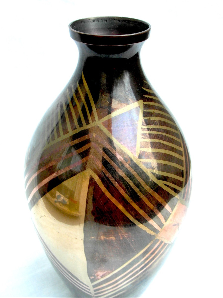 Art-deco Brassware Vase With Geometric Decoration, Circa 1930, Dunand Christofle Era,-photo-4