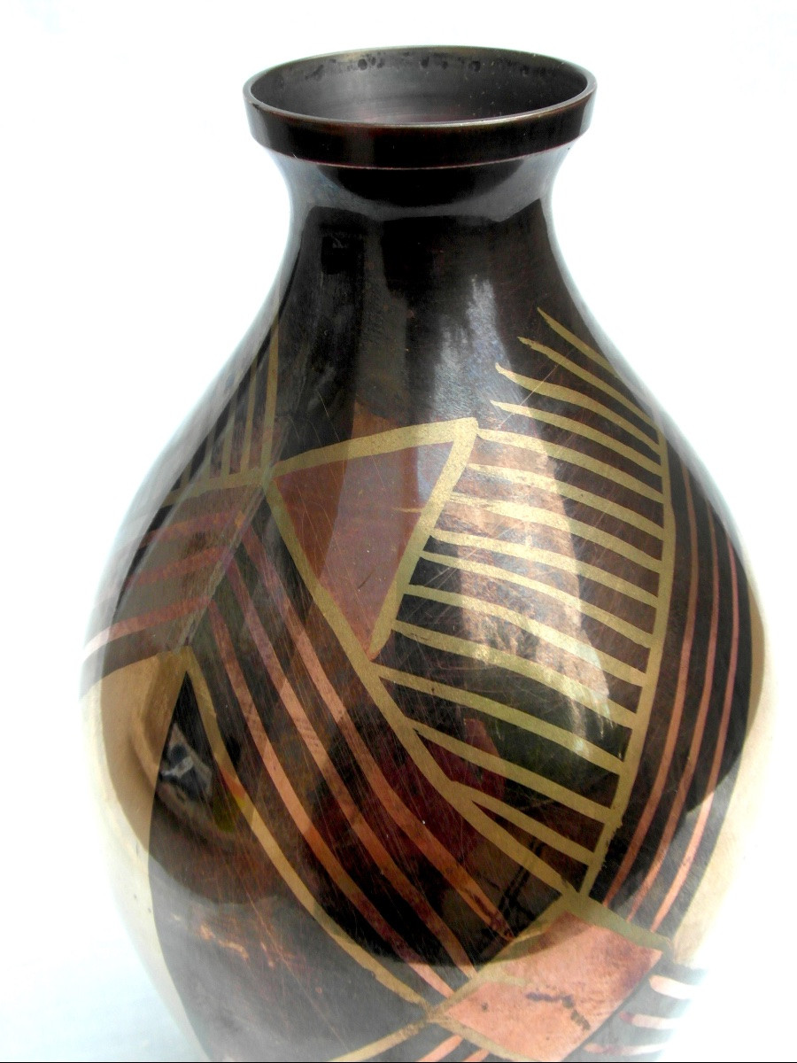 Art-deco Brassware Vase With Geometric Decoration, Circa 1930, Dunand Christofle Era,-photo-1