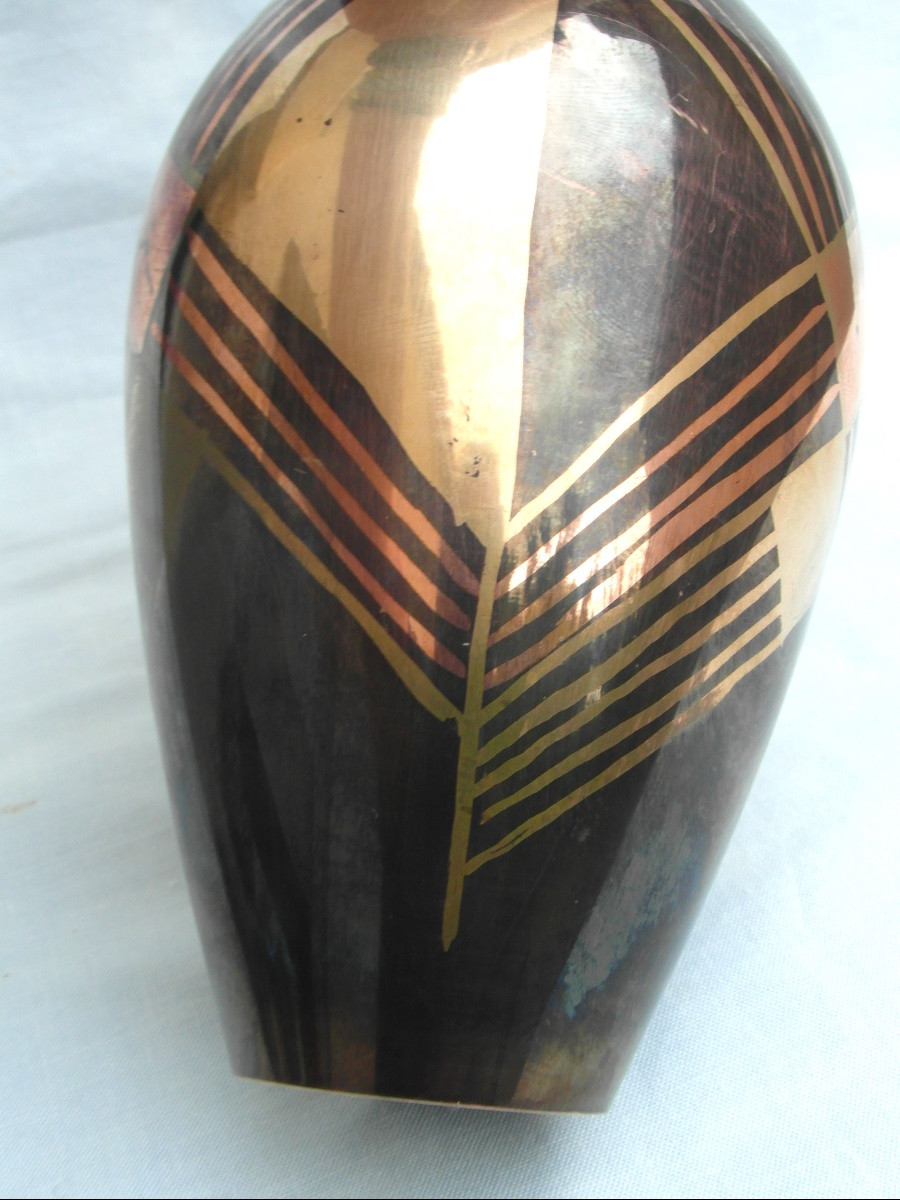 Art-deco Brassware Vase With Geometric Decoration, Circa 1930, Dunand Christofle Era,-photo-3