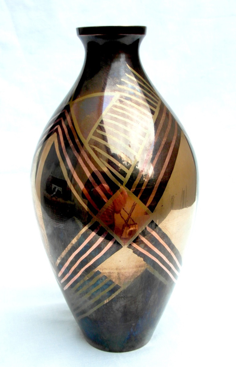 Art-deco Brassware Vase With Geometric Decoration, Circa 1930, Dunand Christofle Era,-photo-4