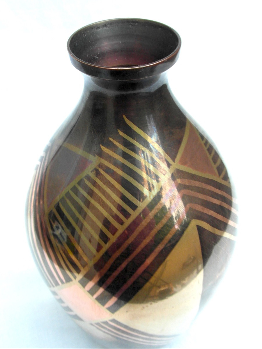 Art-deco Brassware Vase With Geometric Decoration, Circa 1930, Dunand Christofle Era,-photo-6