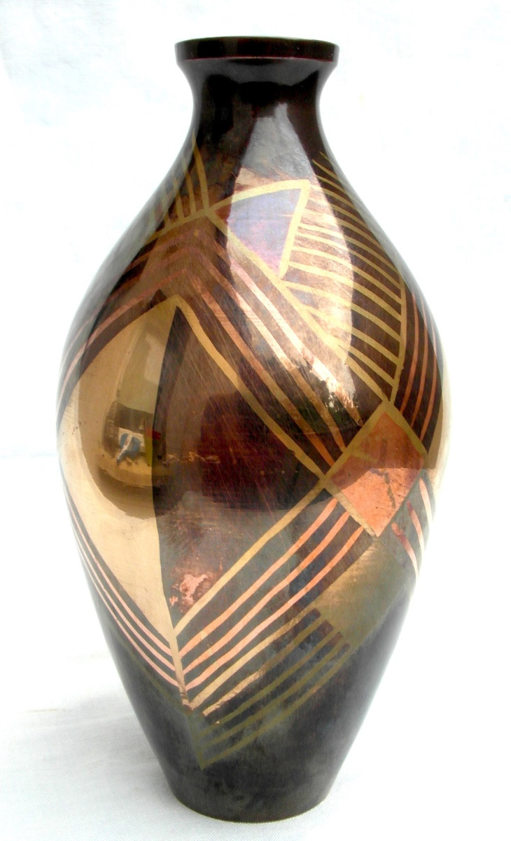 Art-deco Brassware Vase With Geometric Decoration, Circa 1930, Dunand Christofle Era,