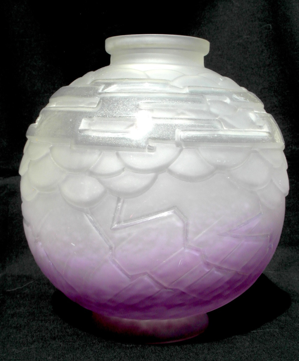 Vase Boule art-déco pressé-moulé et pailleté par Schneider, era daum galle 1920-photo-2