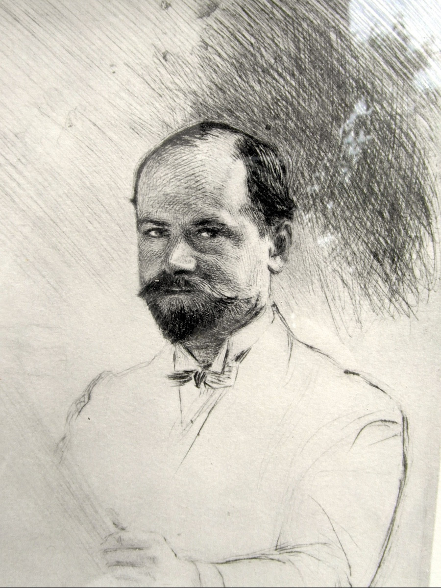 gravure d'un auto-portrait d'Emile Friant, signée, titrée et encadrée