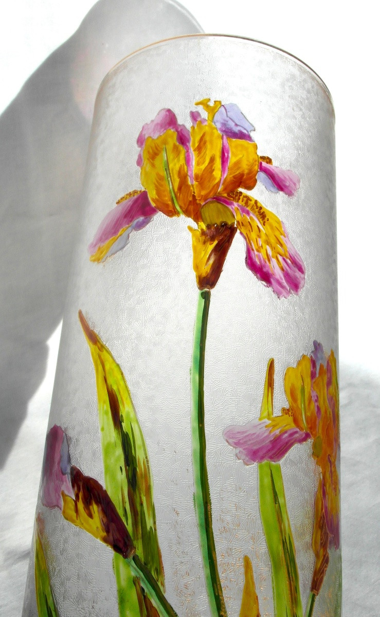 Grand vase Baccarat gravé et émaillé aux iris, vers 1880 era Daum Gallé art-nouveau-photo-3
