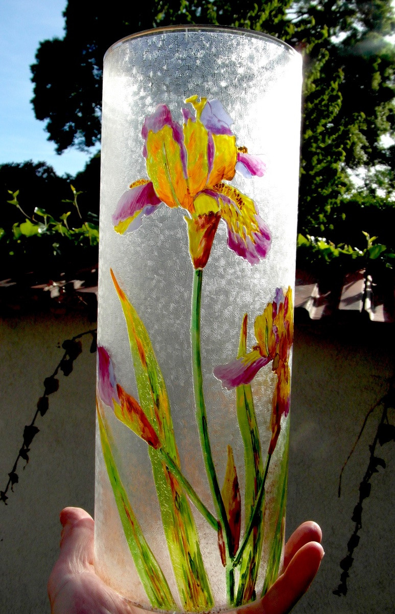Grand vase Baccarat gravé et émaillé aux iris, vers 1880 era Daum Gallé art-nouveau-photo-2