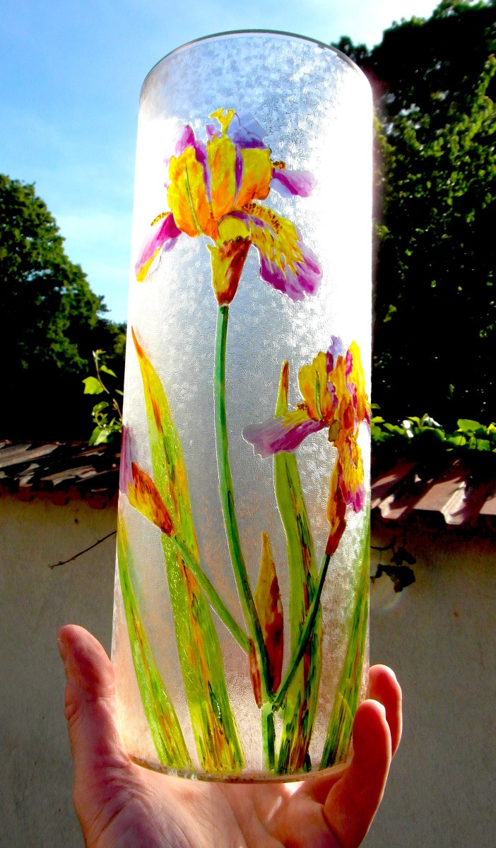 Grand vase Baccarat gravé et émaillé aux iris, vers 1880 era Daum Gallé art-nouveau-photo-3