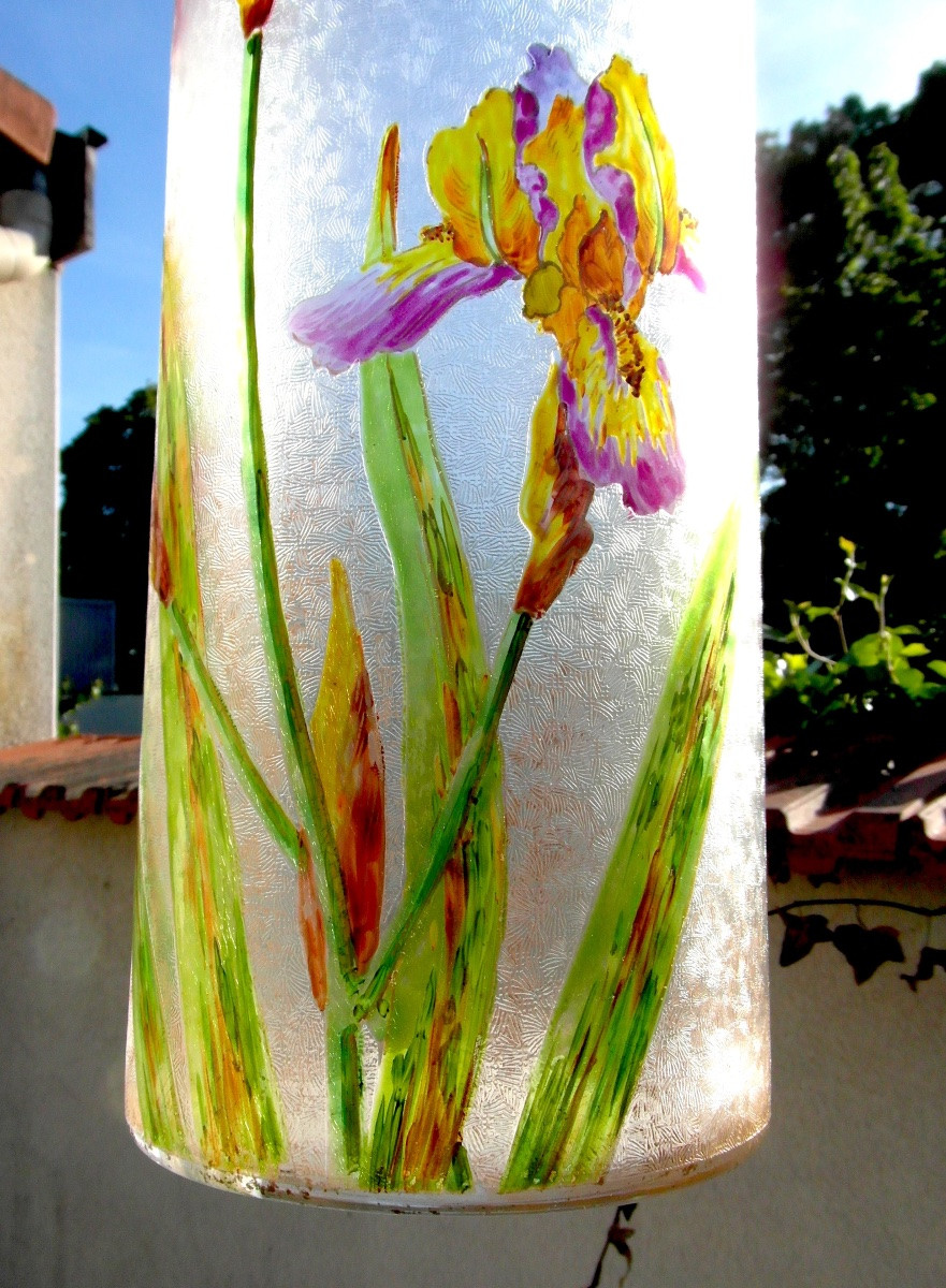 Grand vase Baccarat gravé et émaillé aux iris, vers 1880 era Daum Gallé art-nouveau-photo-5