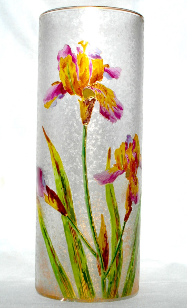 Grand vase Baccarat gravé et émaillé aux iris, vers 1880 era Daum Gallé art-nouveau