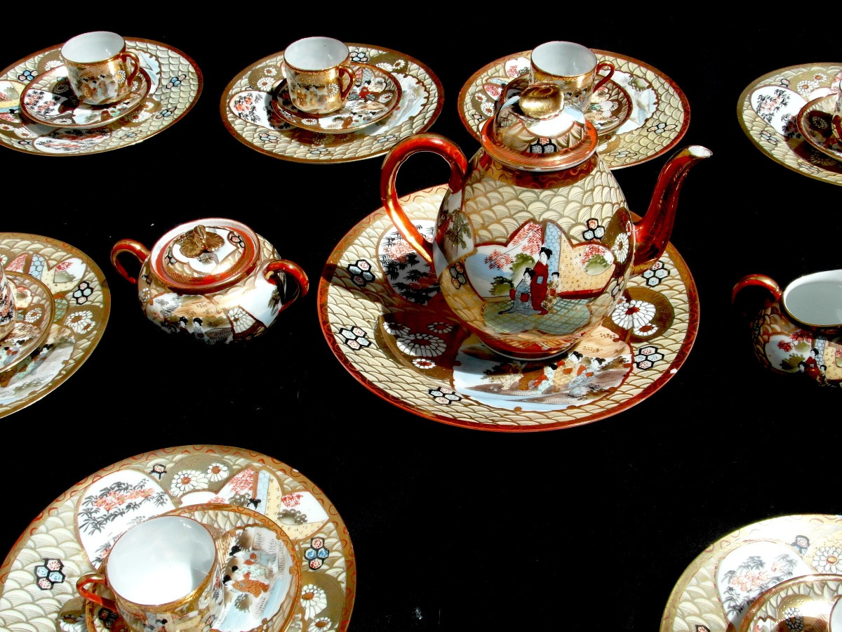 Complete Eggshell Porcelain Coffee Set In Satsuma, Meji Period, Circa 1900