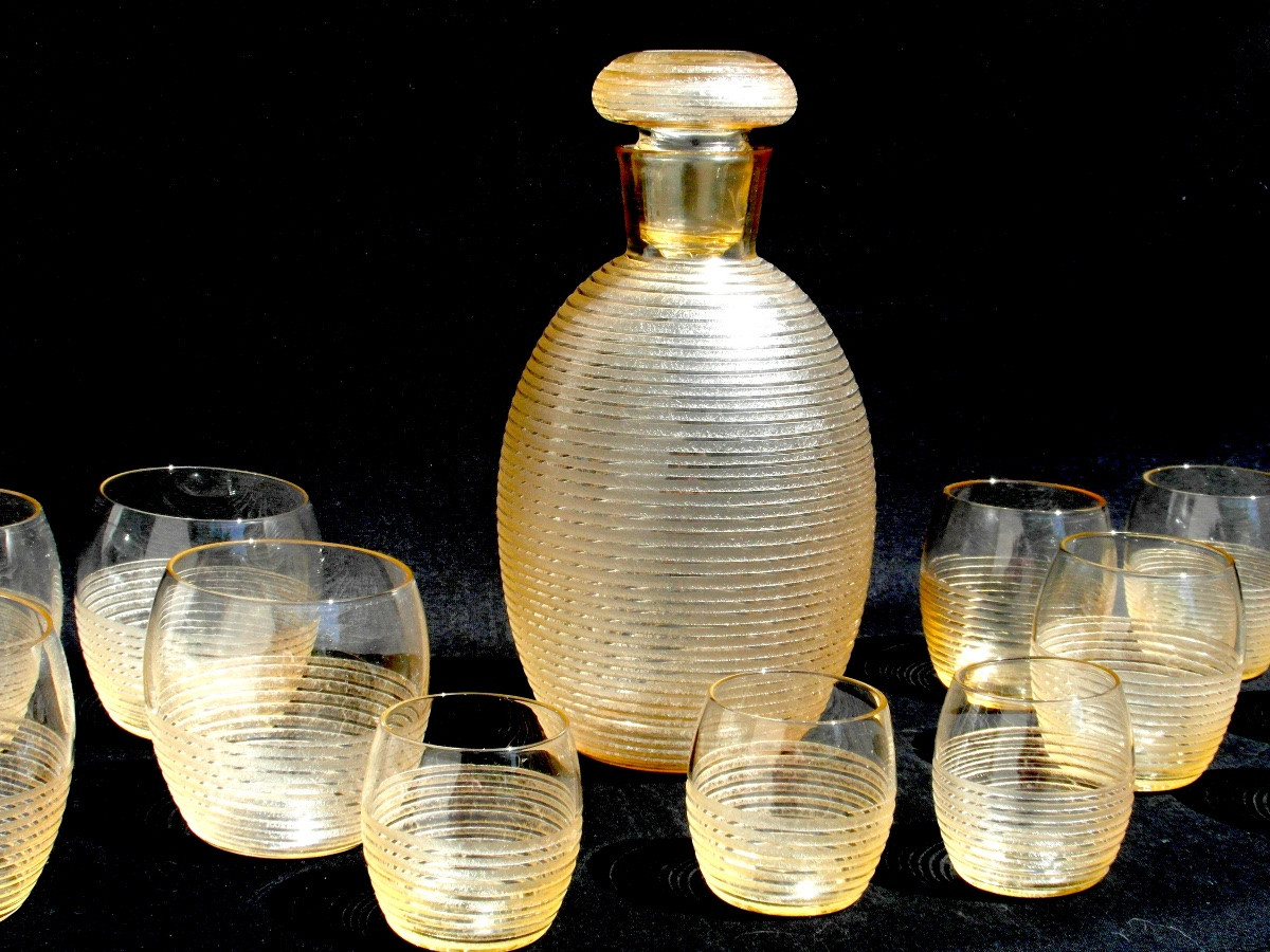 Service art-déco Daum en verre gravé effet granité et stries latérales, vers 1930-photo-3