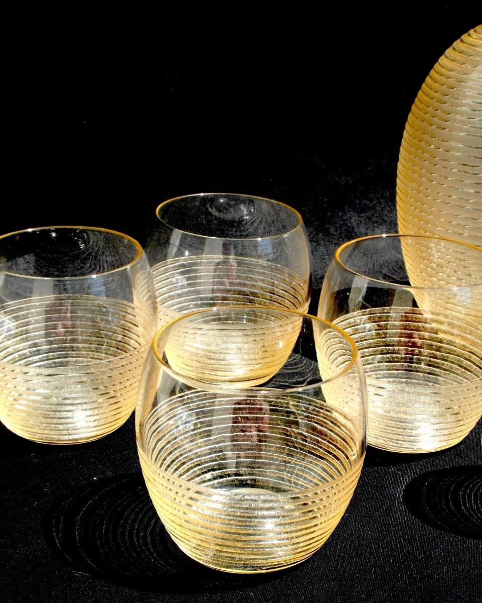 Service art-déco Daum en verre gravé effet granité et stries latérales, vers 1930-photo-4