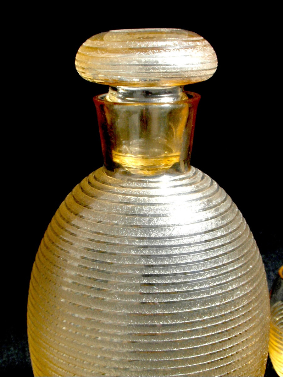 Service art-déco Daum en verre gravé effet granité et stries latérales, vers 1930-photo-2