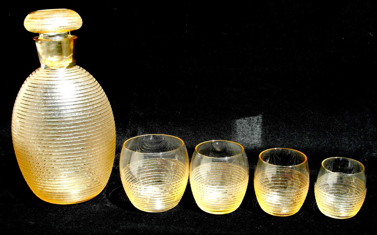 Service art-déco Daum en verre gravé effet granité et stries latérales, vers 1930-photo-6