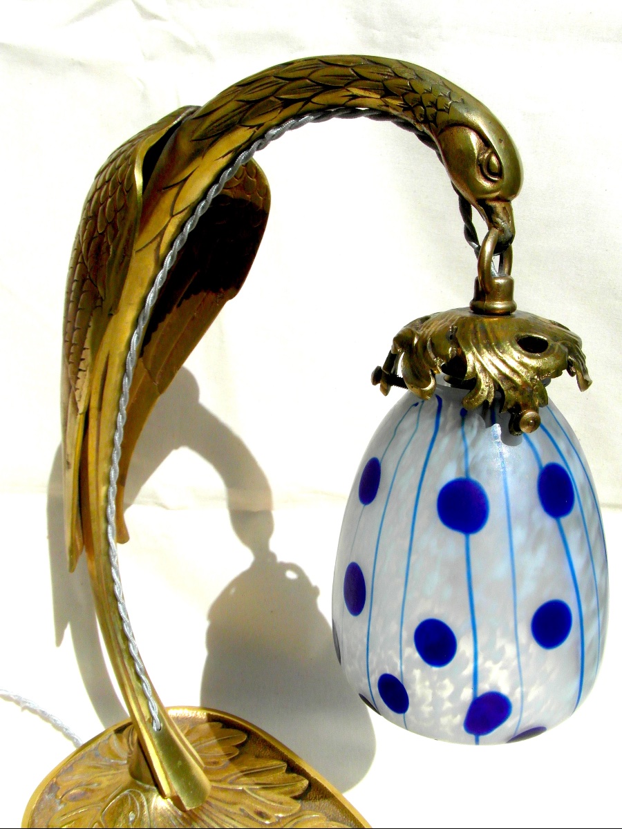 lampe art-nouveau avec pied aigle en bronze et tulipe loetz  Koloman Moser "Zephyr", era daum-photo-2