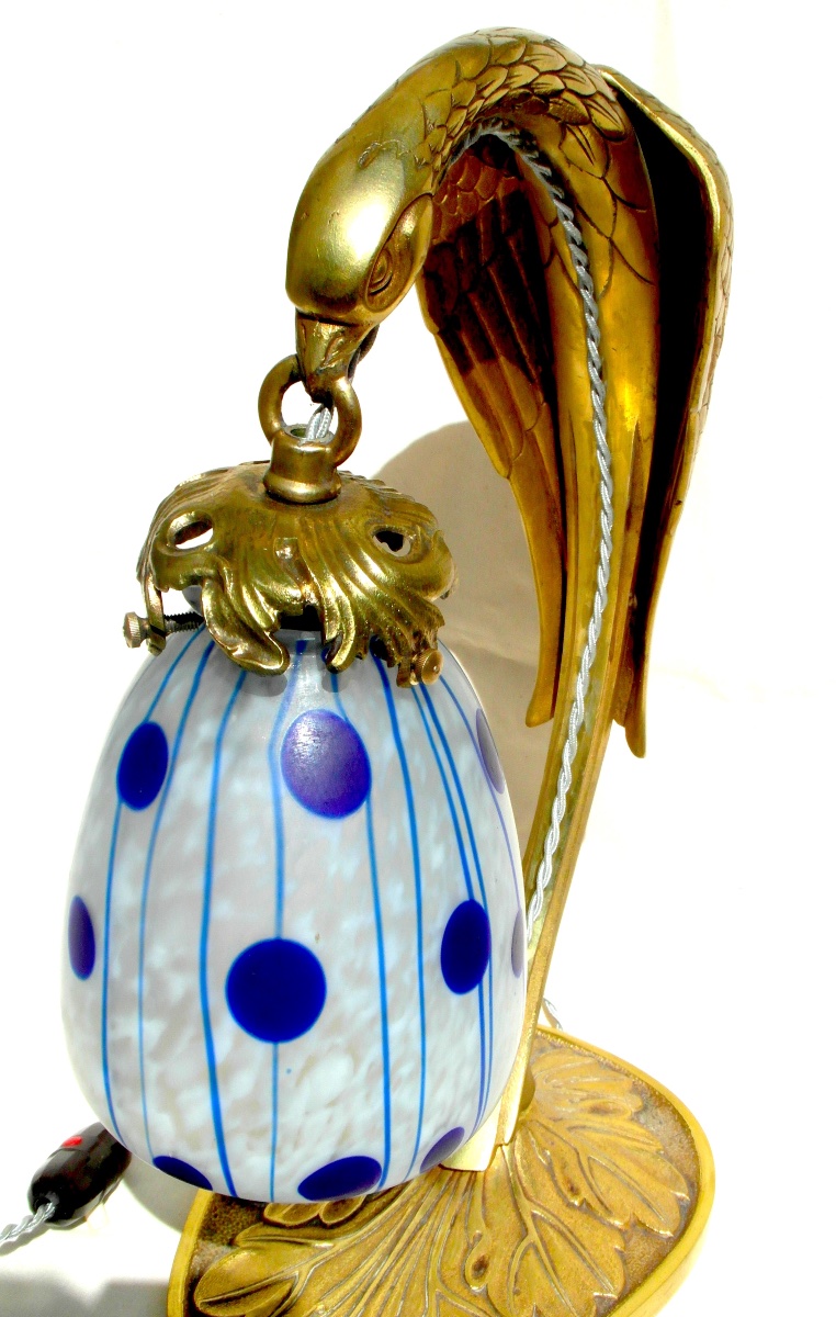 lampe art-nouveau avec pied aigle en bronze et tulipe loetz  Koloman Moser "Zephyr", era daum-photo-4