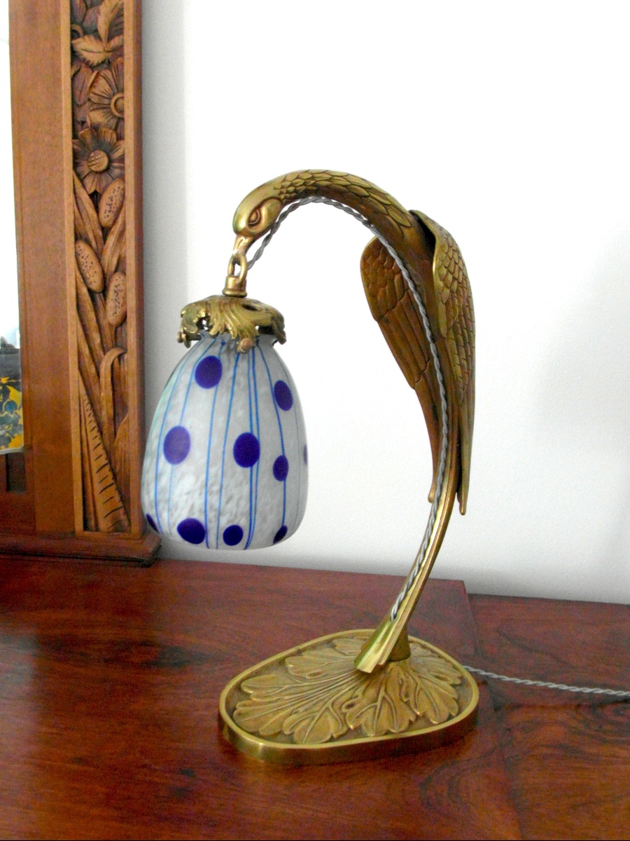 lampe art-nouveau avec pied aigle en bronze et tulipe loetz  Koloman Moser "Zephyr", era daum-photo-3