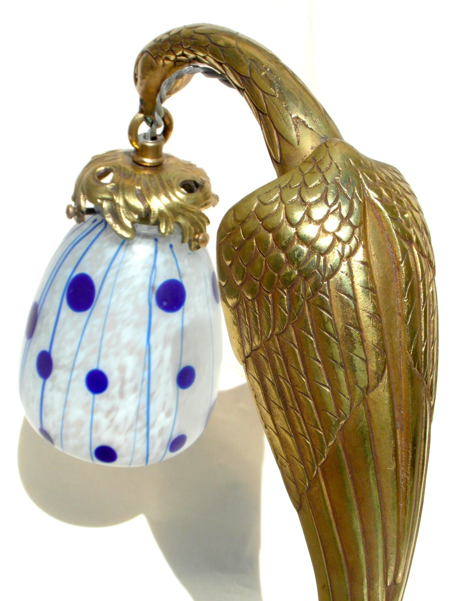 lampe art-nouveau avec pied aigle en bronze et tulipe loetz  Koloman Moser "Zephyr", era daum-photo-2