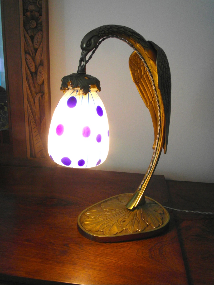 lampe art-nouveau avec pied aigle en bronze et tulipe loetz  Koloman Moser "Zephyr", era daum-photo-5