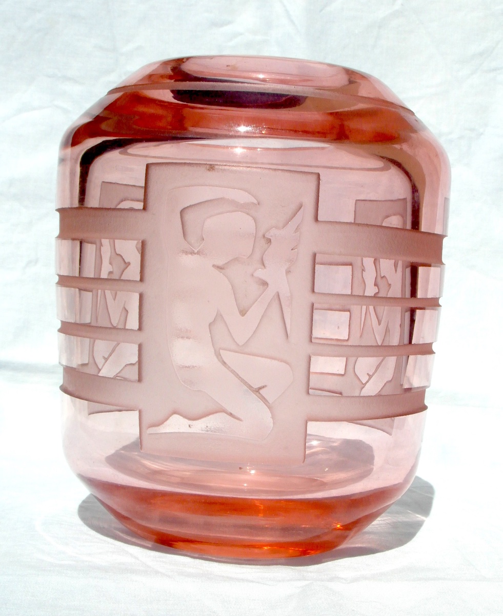 Vase art-déco "femme à la colombe" par les frères Muller, era daum Galle 1920-photo-2