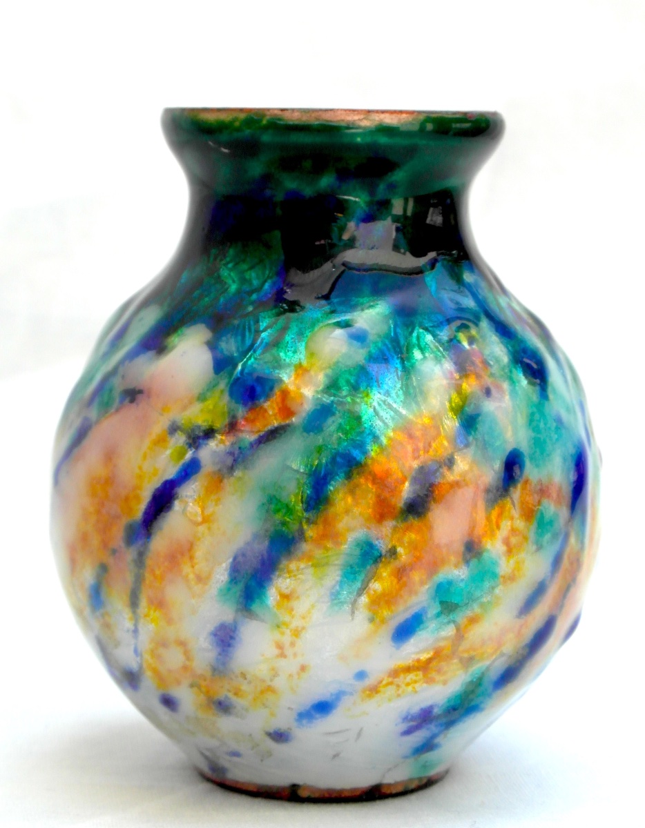 Art-deco Vase In Enamel On Limoges Copper By Jean-baptiste Issanchou, Faure Sarlandie Era-photo-1