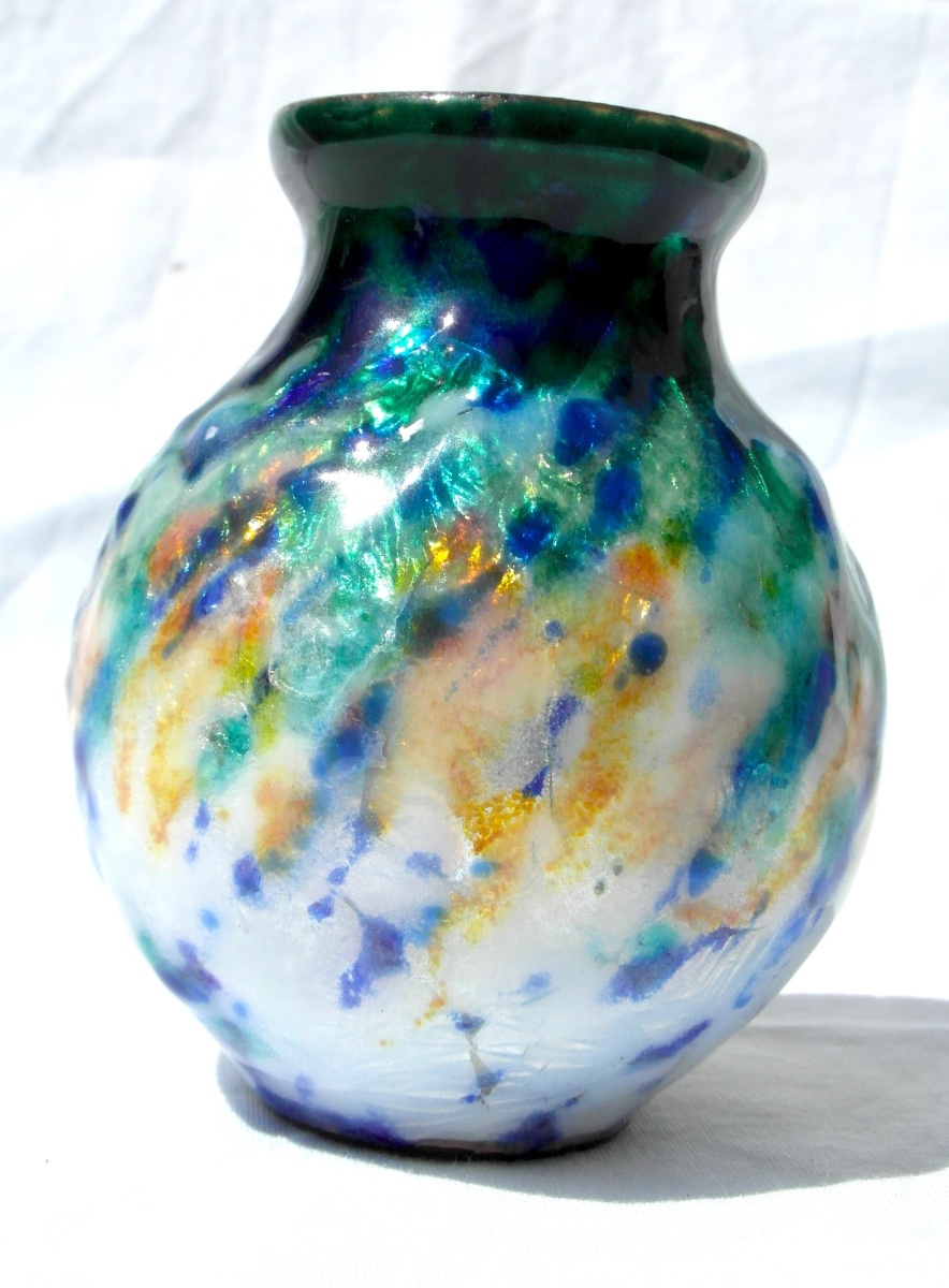 Art-deco Vase In Enamel On Limoges Copper By Jean-baptiste Issanchou, Faure Sarlandie Era