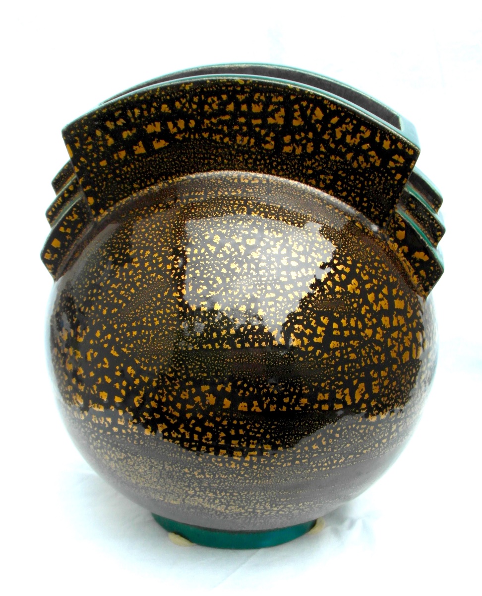Vase Boule Art-déco à Paillons d'Or By Marcel Guillard, Editions Etling, 1927, Era Daum Pompon-photo-2