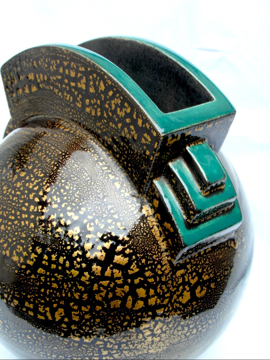 Vase Boule Art-déco à Paillons d'Or By Marcel Guillard, Editions Etling, 1927, Era Daum Pompon-photo-3