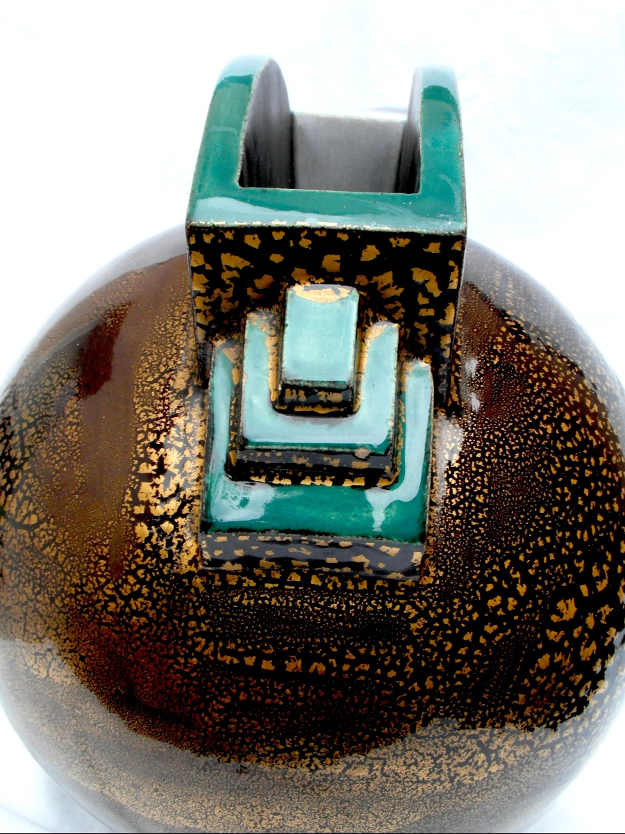 Vase Boule Art-déco à Paillons d'Or By Marcel Guillard, Editions Etling, 1927, Era Daum Pompon-photo-4