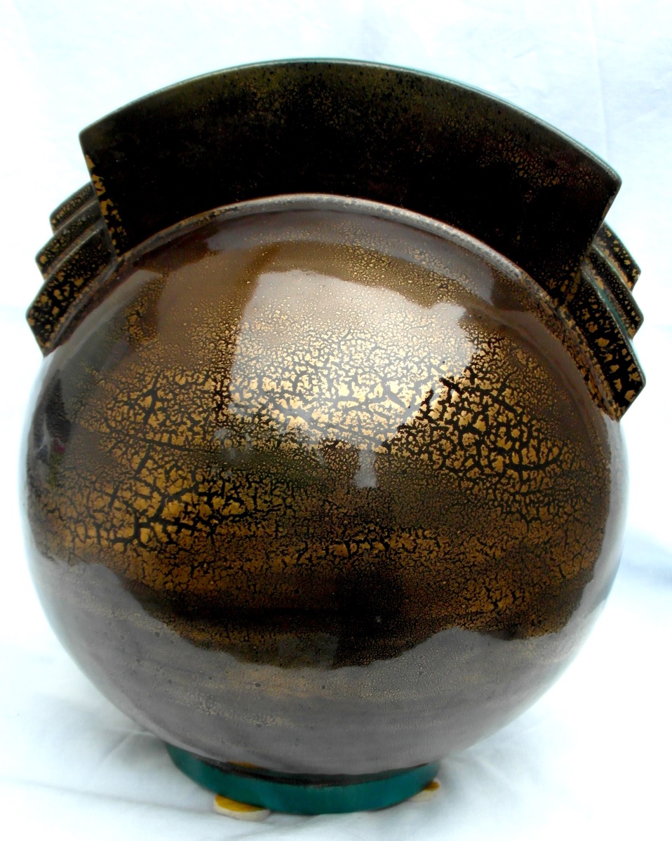 Vase Boule Art-déco à Paillons d'Or By Marcel Guillard, Editions Etling, 1927, Era Daum Pompon-photo-1