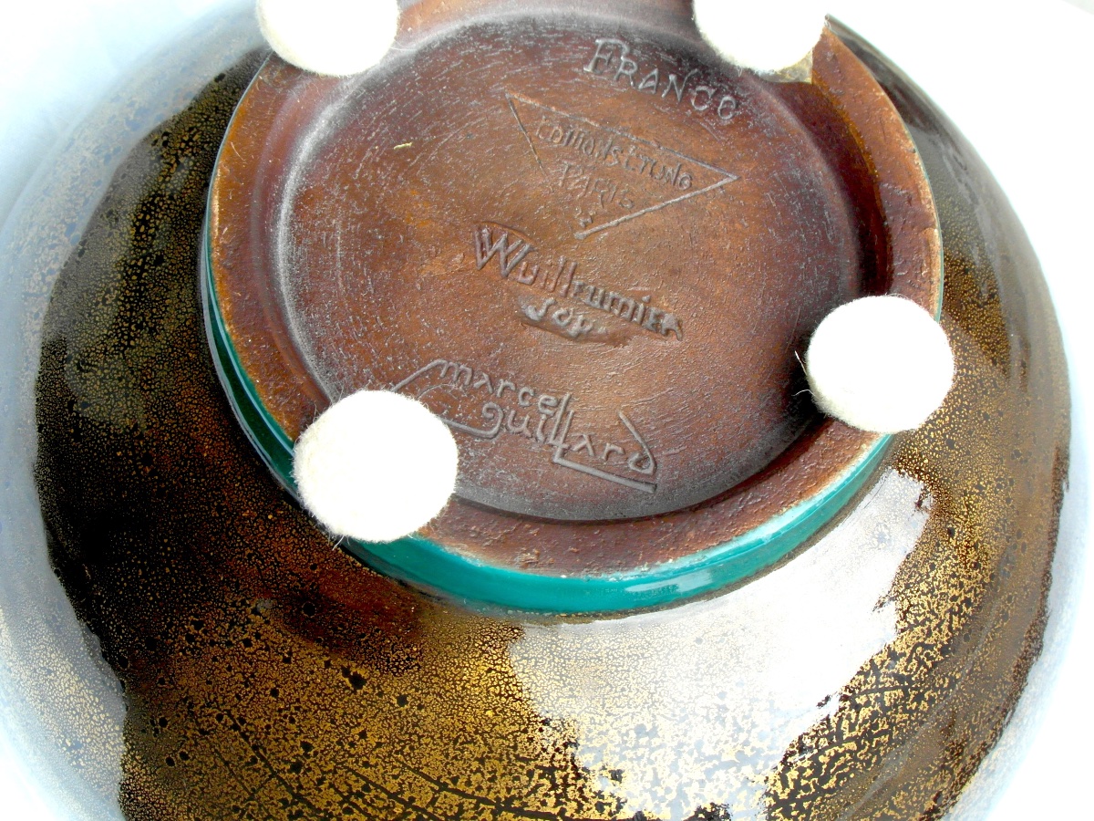 Vase Boule Art-déco à Paillons d'Or By Marcel Guillard, Editions Etling, 1927, Era Daum Pompon-photo-5