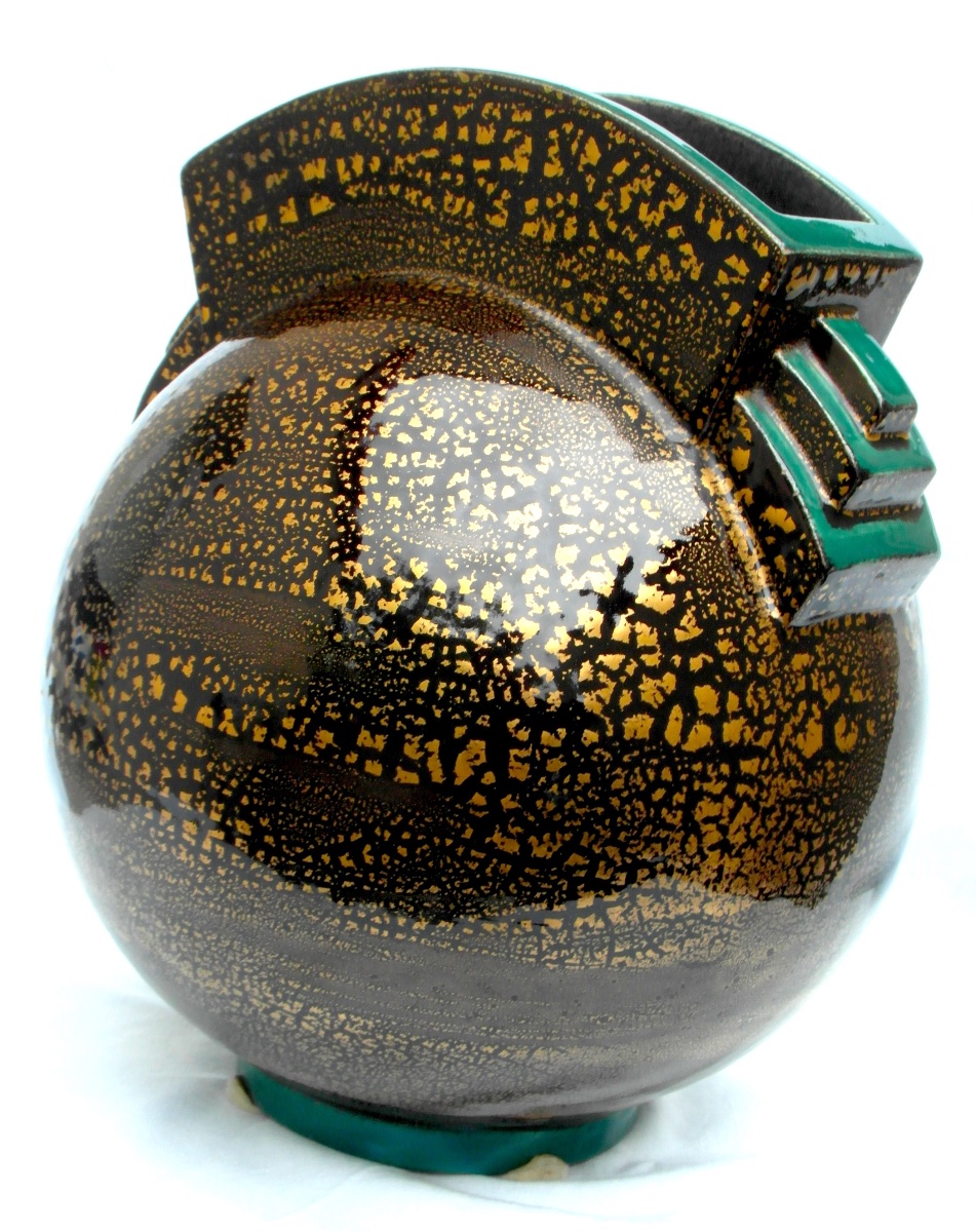 Vase Boule Art-déco à Paillons d'Or By Marcel Guillard, Editions Etling, 1927, Era Daum Pompon-photo-3