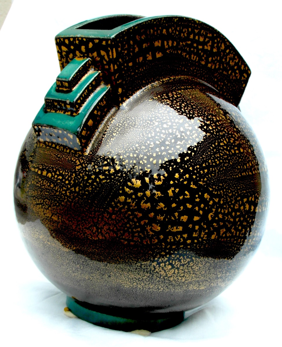 Vase Boule Art-déco à Paillons d'Or By Marcel Guillard, Editions Etling, 1927, Era Daum Pompon